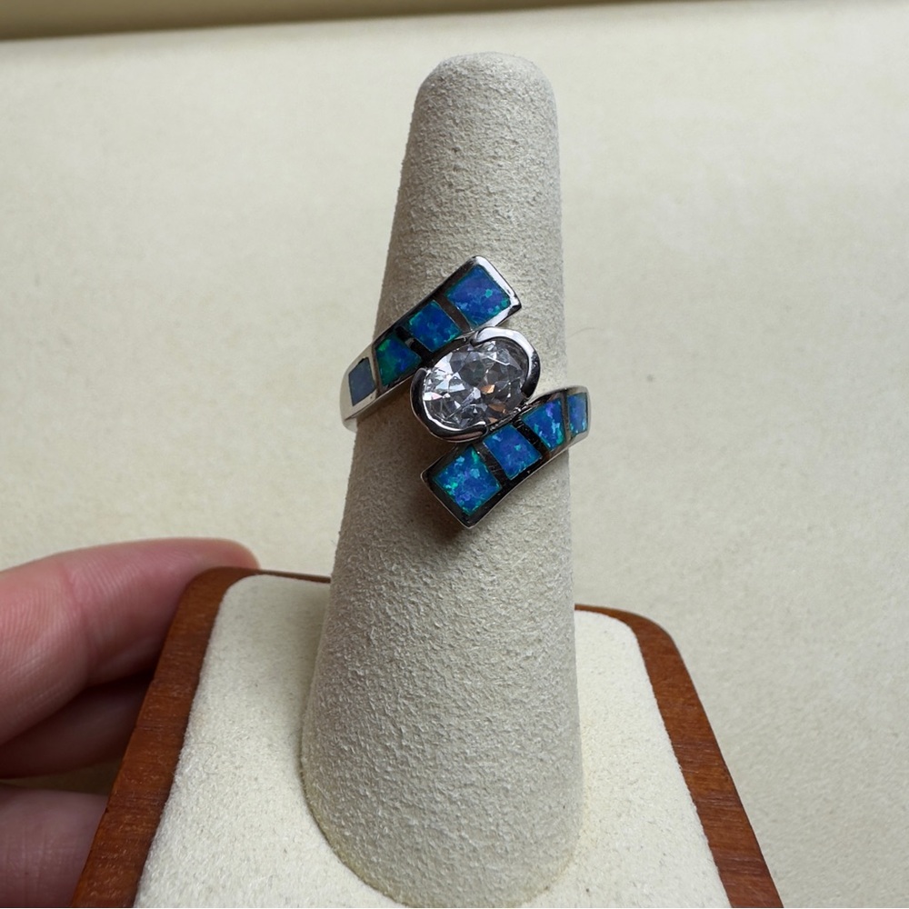 Diamonique Blue Fire Opal CZ Sterling Silver Statement Ring